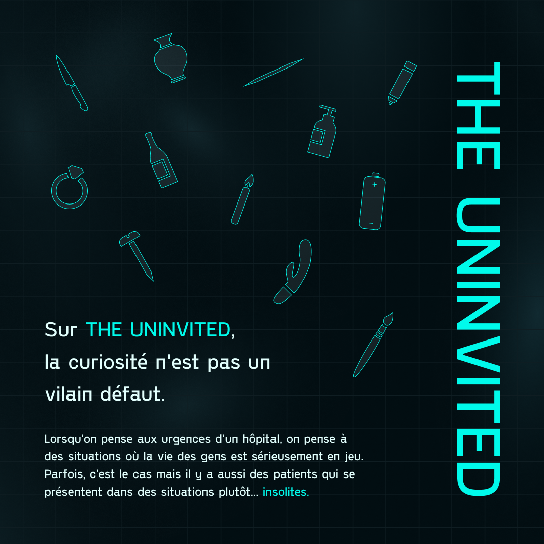 fond cadrillé sur lequel il y a différents objets ainsi qu ele titre The Uninvited et une phrase d'accroche
